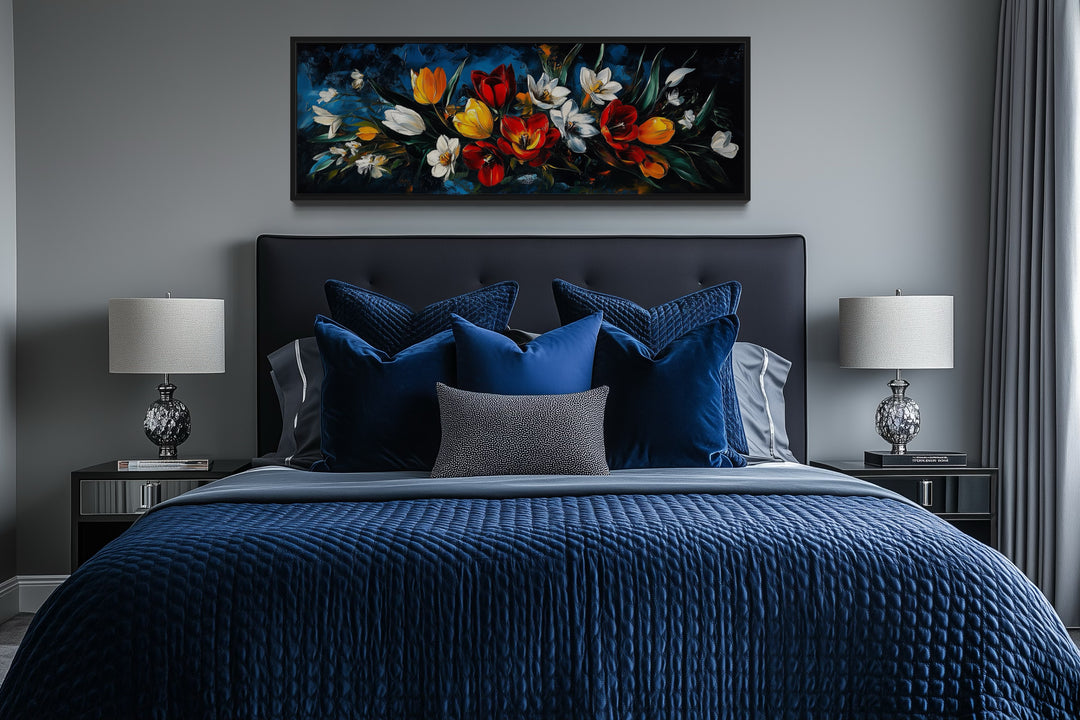 Large Orange Red Floral Tulips Long Horizontal Framed Canvas Wall Art