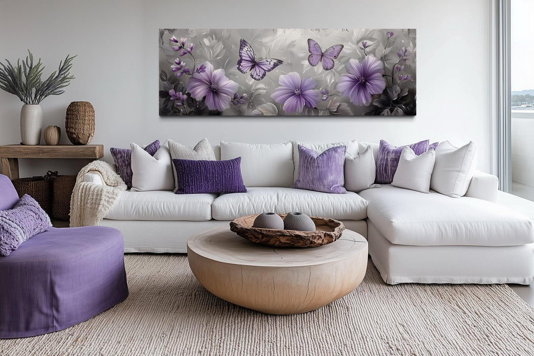 Lavender Purple Floral Butterfly Horizintal Above Bed Wall Art