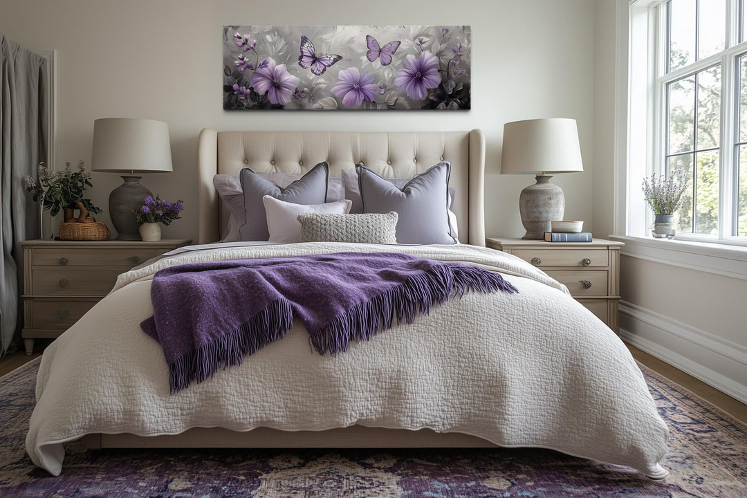 Lavender Purple Floral Butterfly Horizintal Above Bed Wall Art