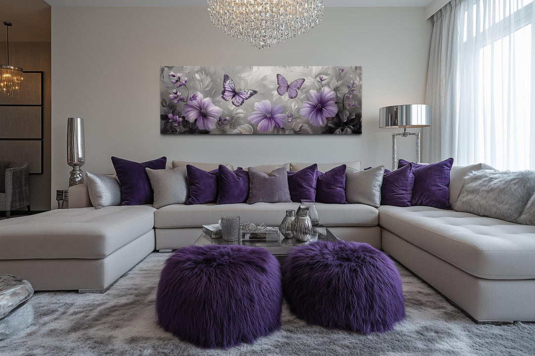 Lavender Purple Floral Butterfly Horizintal Above Bed Wall Art