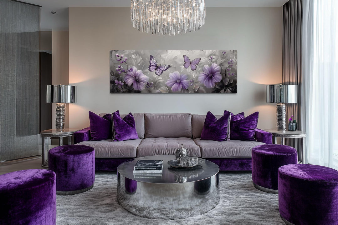 Lavender Purple Floral Butterfly Horizintal Above Bed Wall Art