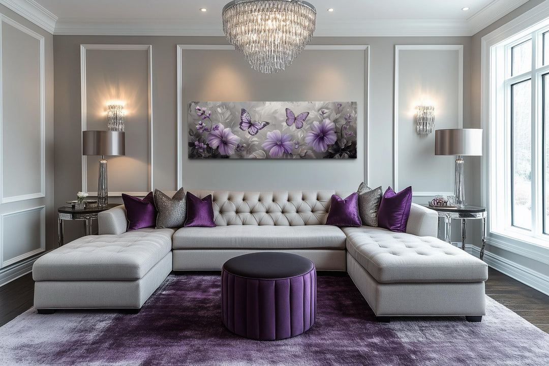 Lavender Purple Floral Butterfly Horizintal Above Bed Wall Art