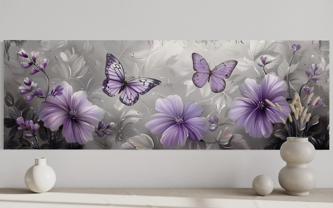Lavender Purple Floral Butterfly Horizintal Above Bed Wall Art