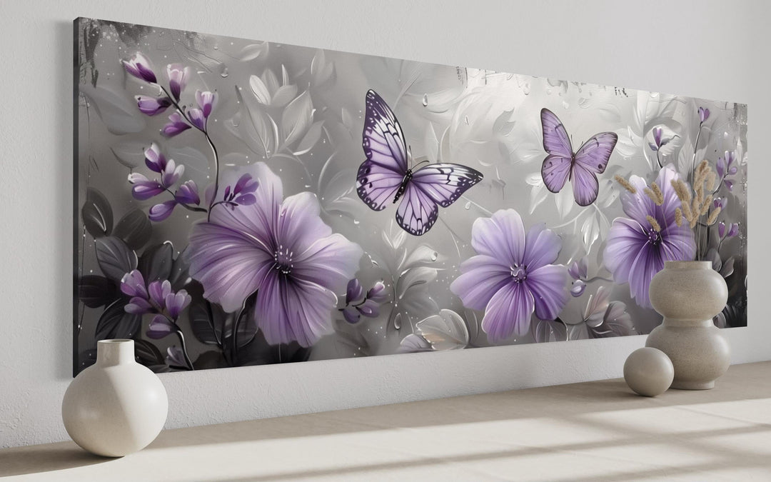 Lavender Purple Floral Butterfly Horizintal Above Bed Wall Art