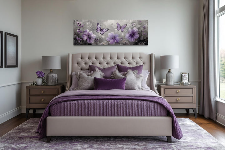 Lavender Purple Floral Butterfly Horizintal Above Bed Wall Art