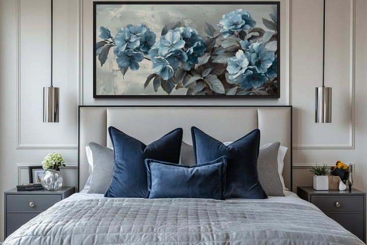 Light Blue Abstract Flowers On Grey Background Framed Canvas Wall Art