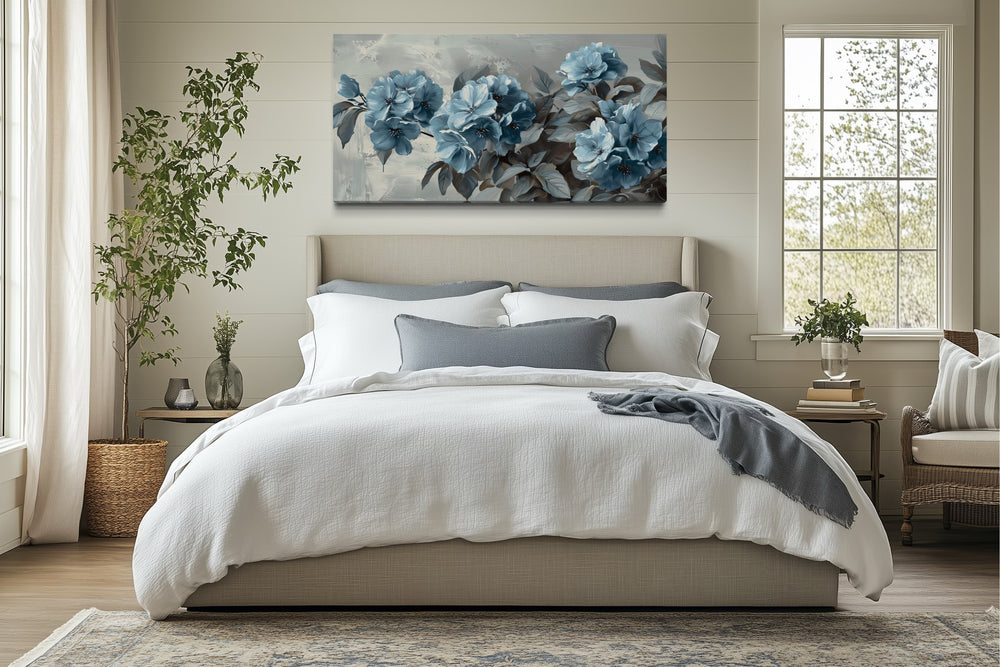 Light Blue Abstract Flowers On Grey Background Framed Canvas Wall Art
