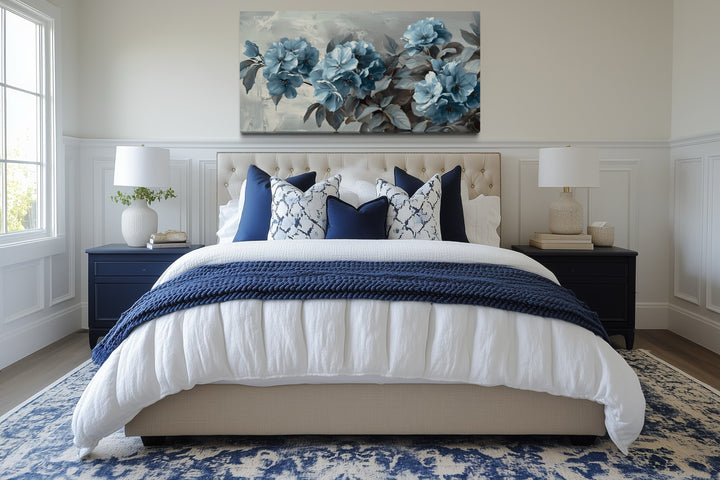 Light Blue Abstract Flowers On Grey Background Framed Canvas Wall Art
