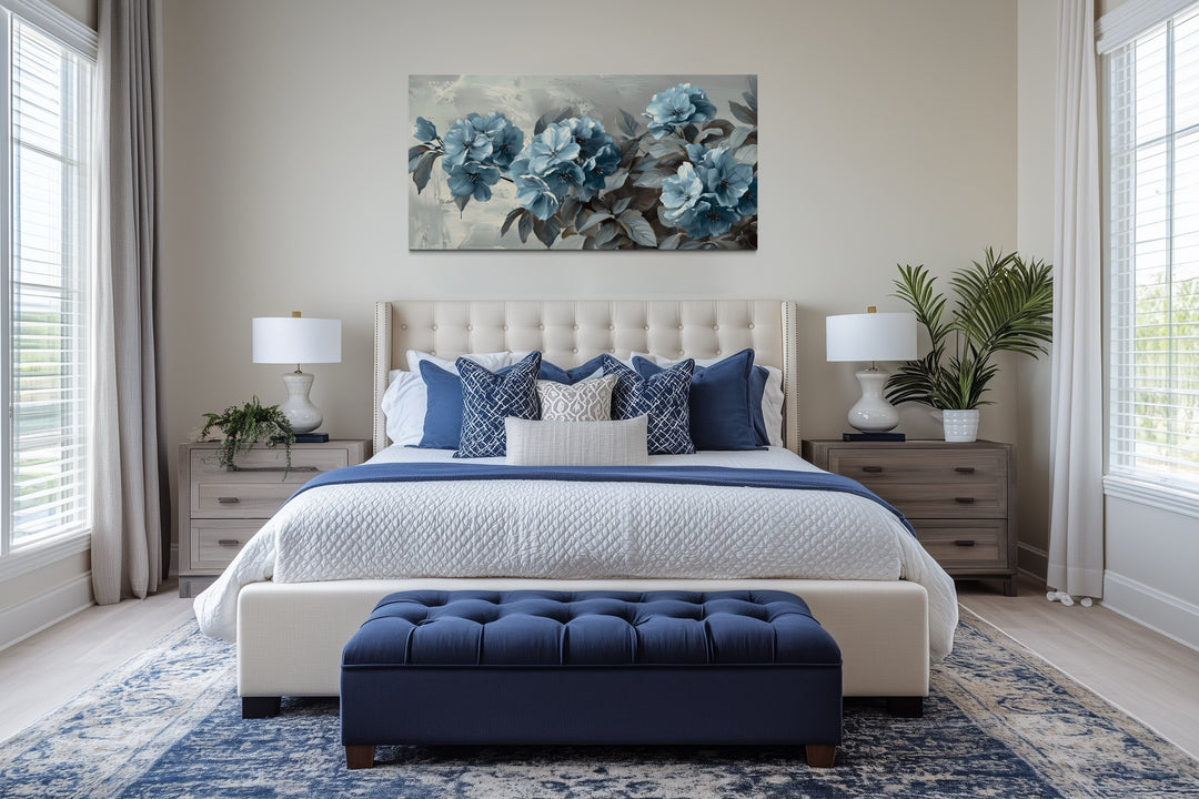 Light Blue Abstract Flowers On Grey Background Framed Canvas Wall Art