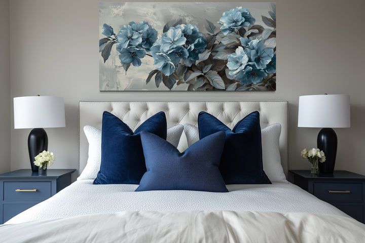 Light Blue Abstract Flowers On Grey Background Framed Canvas Wall Art