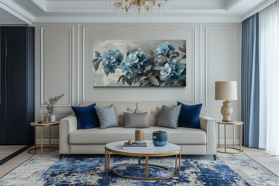 Light Blue Abstract Flowers On Grey Background Framed Canvas Wall Art