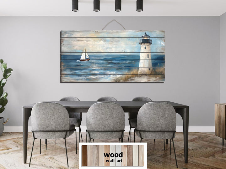 Lighthouse And Sailboat Distressed Wood Wall Art