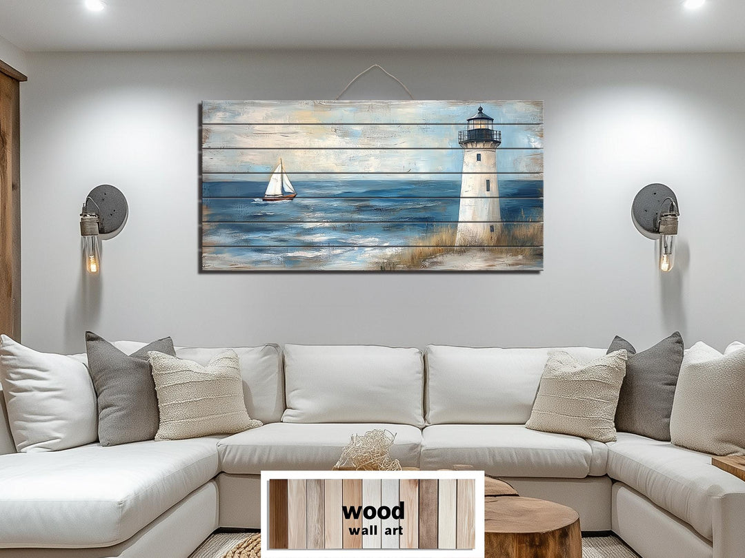 Lighthouse And Sailboat Distressed Wood Wall Art