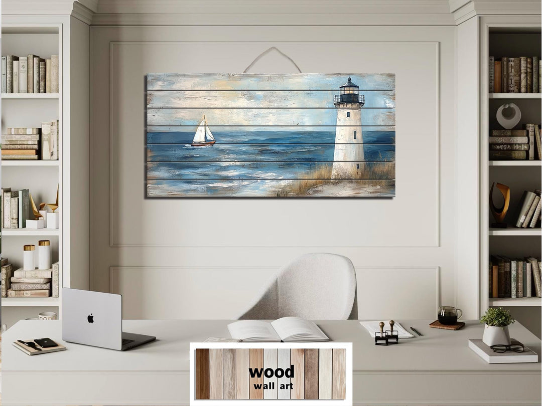 Lighthouse And Sailboat Distressed Wood Wall Art