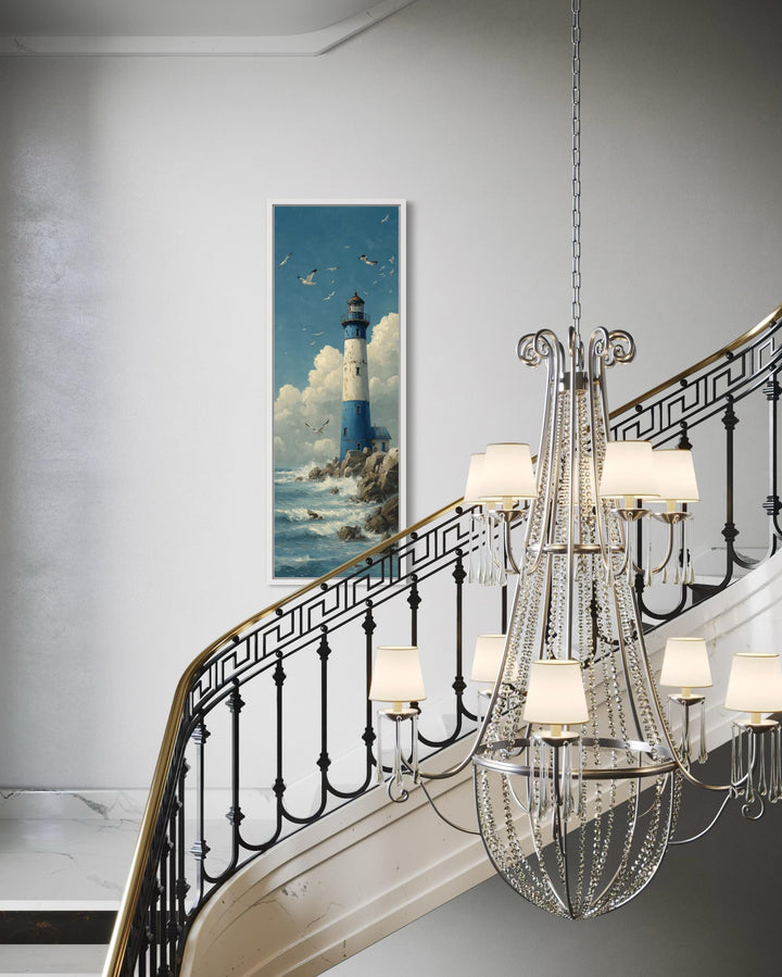 Lighthouse Canvas Wall Art – Vertical Narrow Nautical Coastal Painting for Beach House