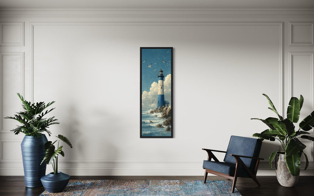 Lighthouse Canvas Wall Art – Vertical Narrow Nautical Coastal Painting for Beach House
