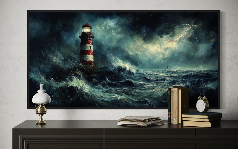 Lighthouse In Stormy Dramatic Ocean Waves Wall Art