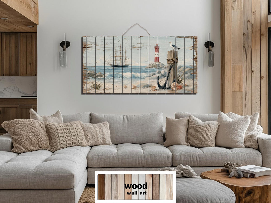 Lighthouse and Sailboat Scene Distressed Wood Wall Art With Anchor And Seagull