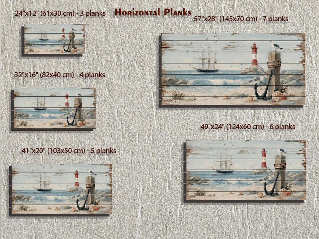 Lighthouse and Sailboat Scene Distressed Wood Wall Art With Anchor And Seagull
