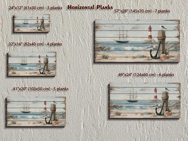 Lighthouse and Sailboat Scene Distressed Wood Wall Art With Anchor And Seagull