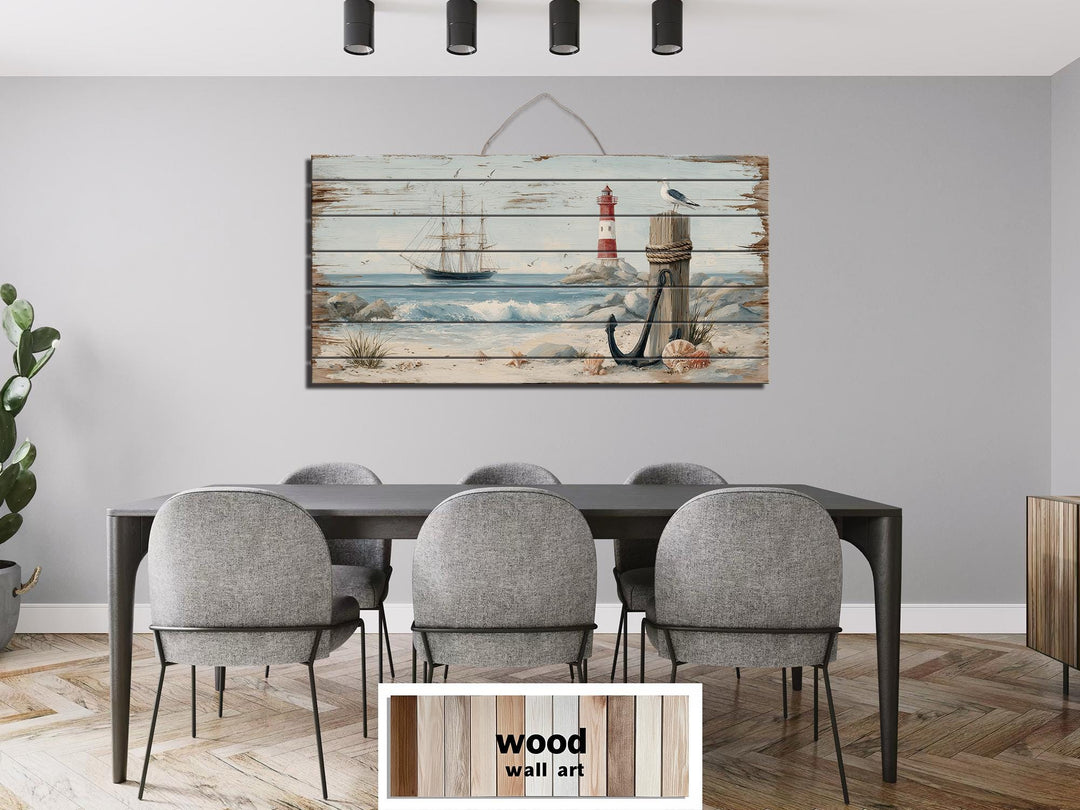 Lighthouse and Sailboat Scene Distressed Wood Wall Art With Anchor And Seagull