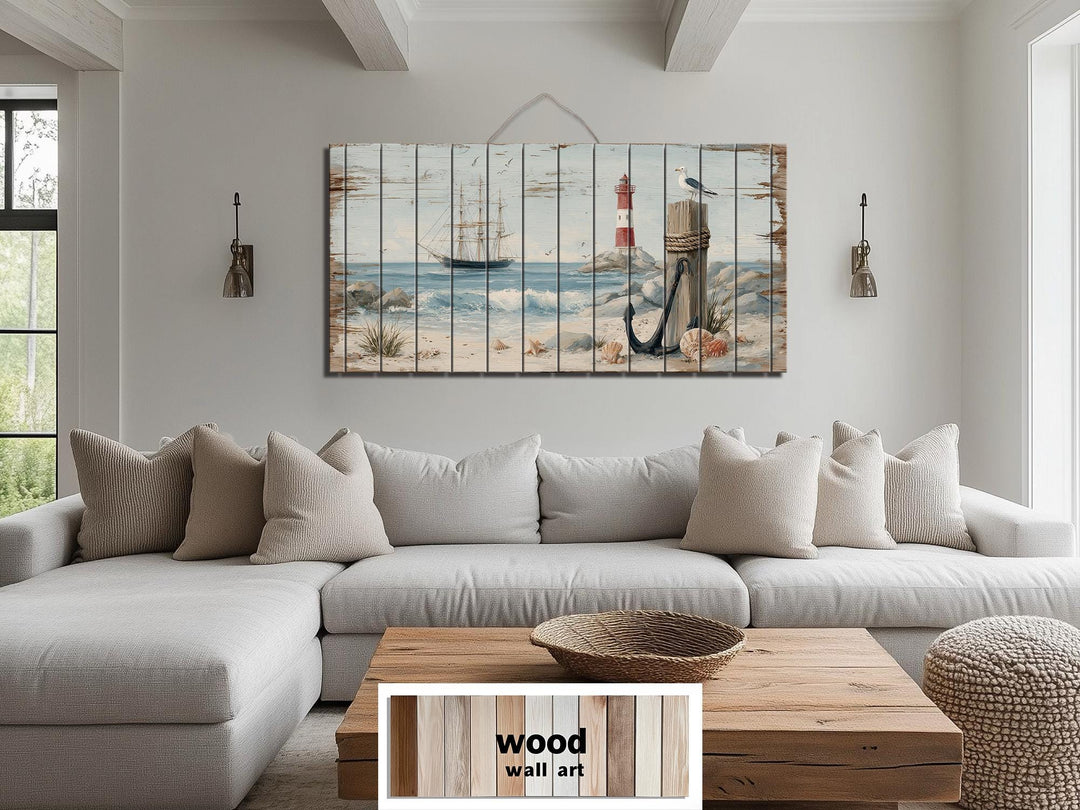 Lighthouse and Sailboat Scene Distressed Wood Wall Art With Anchor And Seagull