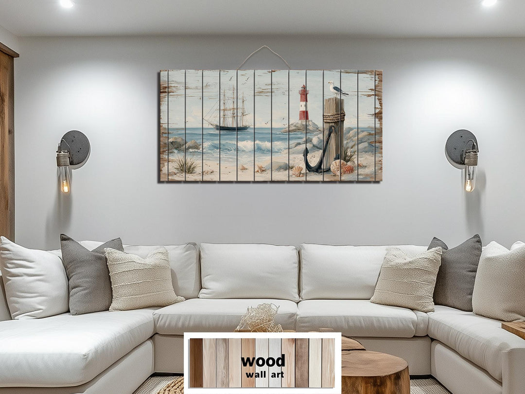 Lighthouse and Sailboat Scene Distressed Wood Wall Art With Anchor And Seagull