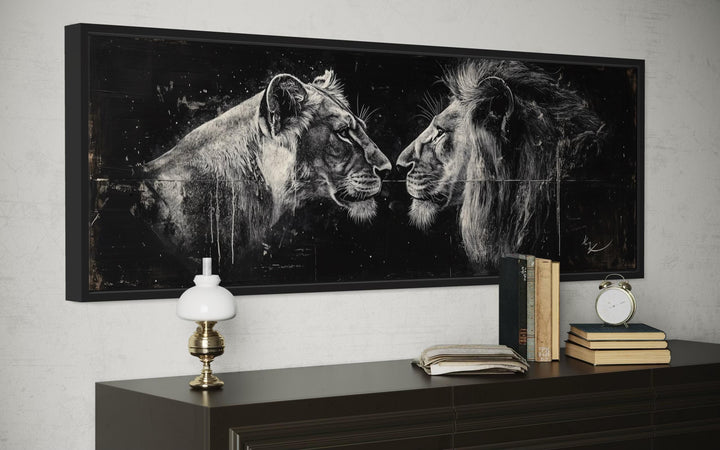Lion And Lioness Long Horizontal Black White Romantic Bedroom Wall Art