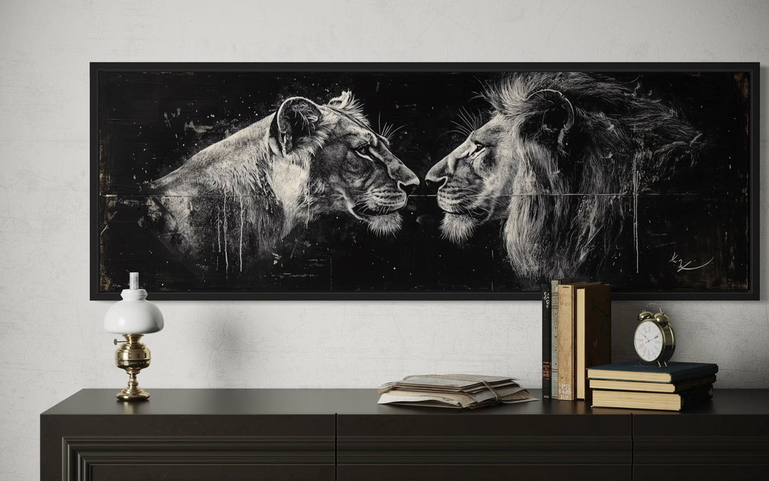 Lion And Lioness Long Horizontal Black White Romantic Bedroom Wall Art