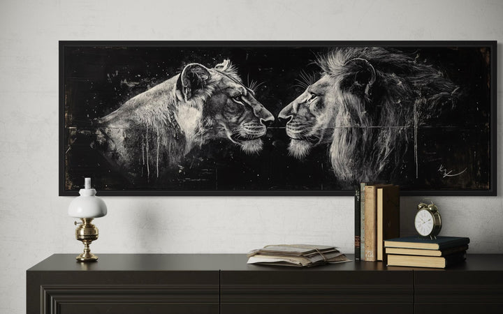 Lion And Lioness Long Horizontal Black White Romantic Bedroom Wall Art