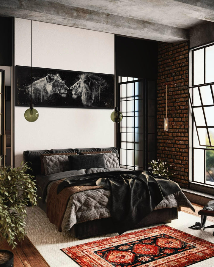 Lion And Lioness Long Horizontal Black White Romantic Bedroom Wall Art