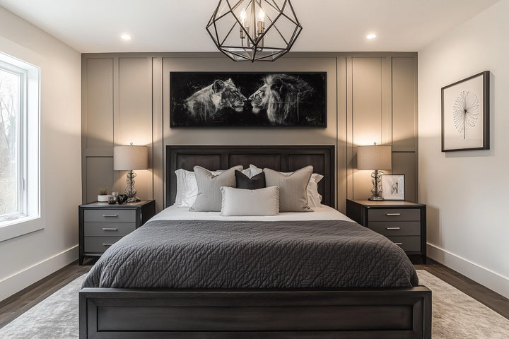 Lion And Lioness Long Horizontal Black White Romantic Bedroom Wall Art