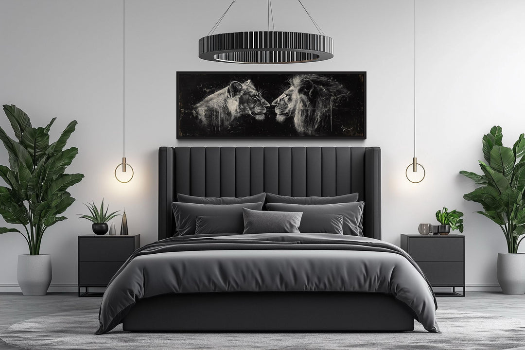 Lion And Lioness Long Horizontal Black White Romantic Bedroom Wall Art