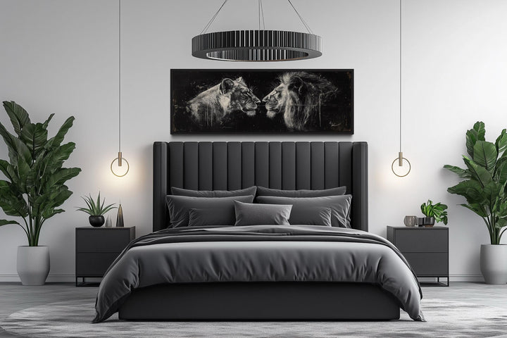 Lion And Lioness Long Horizontal Black White Romantic Bedroom Wall Art