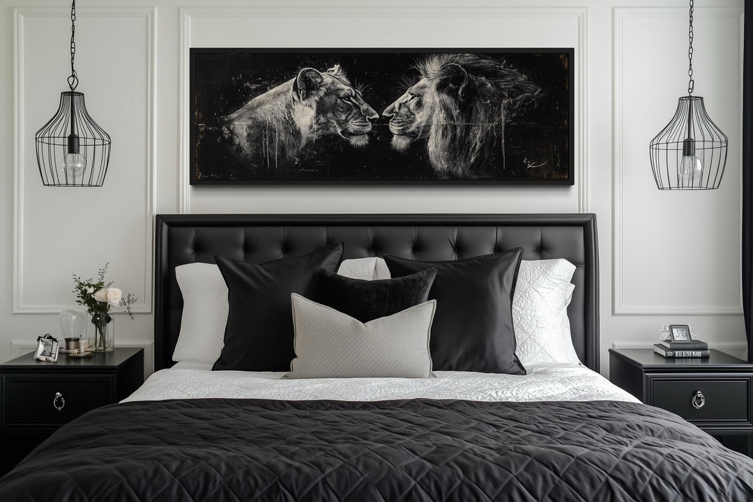 Lion And Lioness Long Horizontal Black White Romantic Bedroom Wall Art