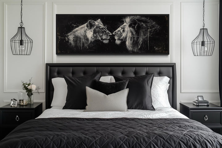 Lion And Lioness Long Horizontal Black White Romantic Bedroom Wall Art