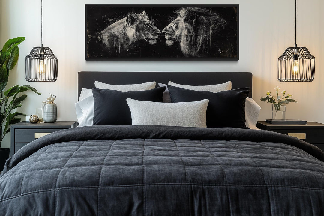 Lion And Lioness Long Horizontal Black White Romantic Bedroom Wall Art