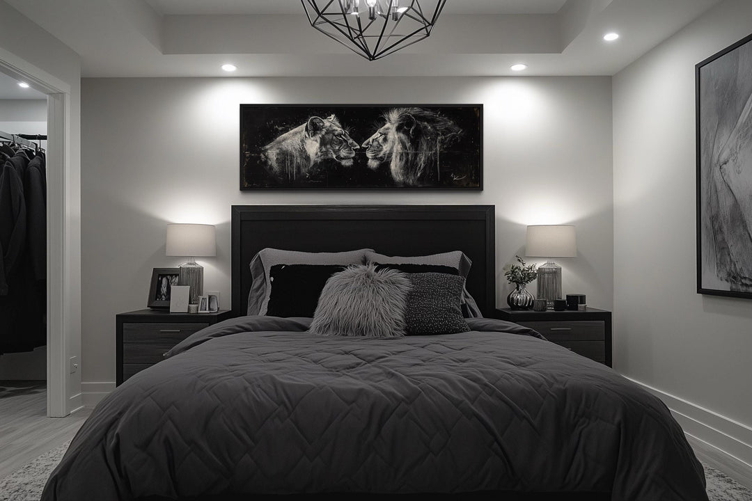 Lion And Lioness Long Horizontal Black White Romantic Bedroom Wall Art