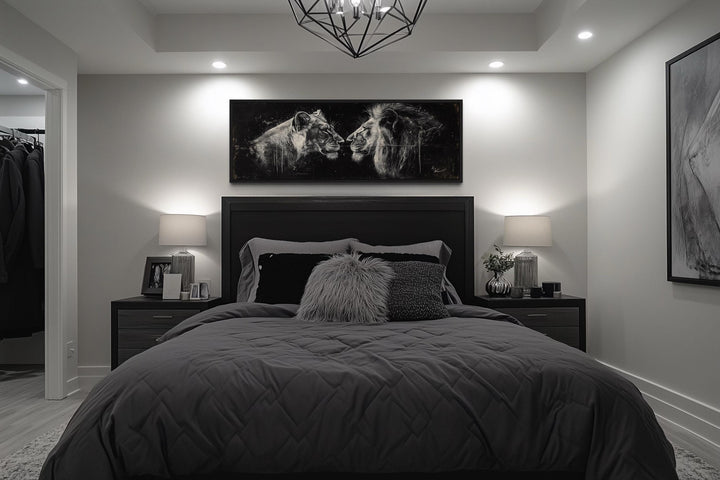 Lion And Lioness Long Horizontal Black White Romantic Bedroom Wall Art