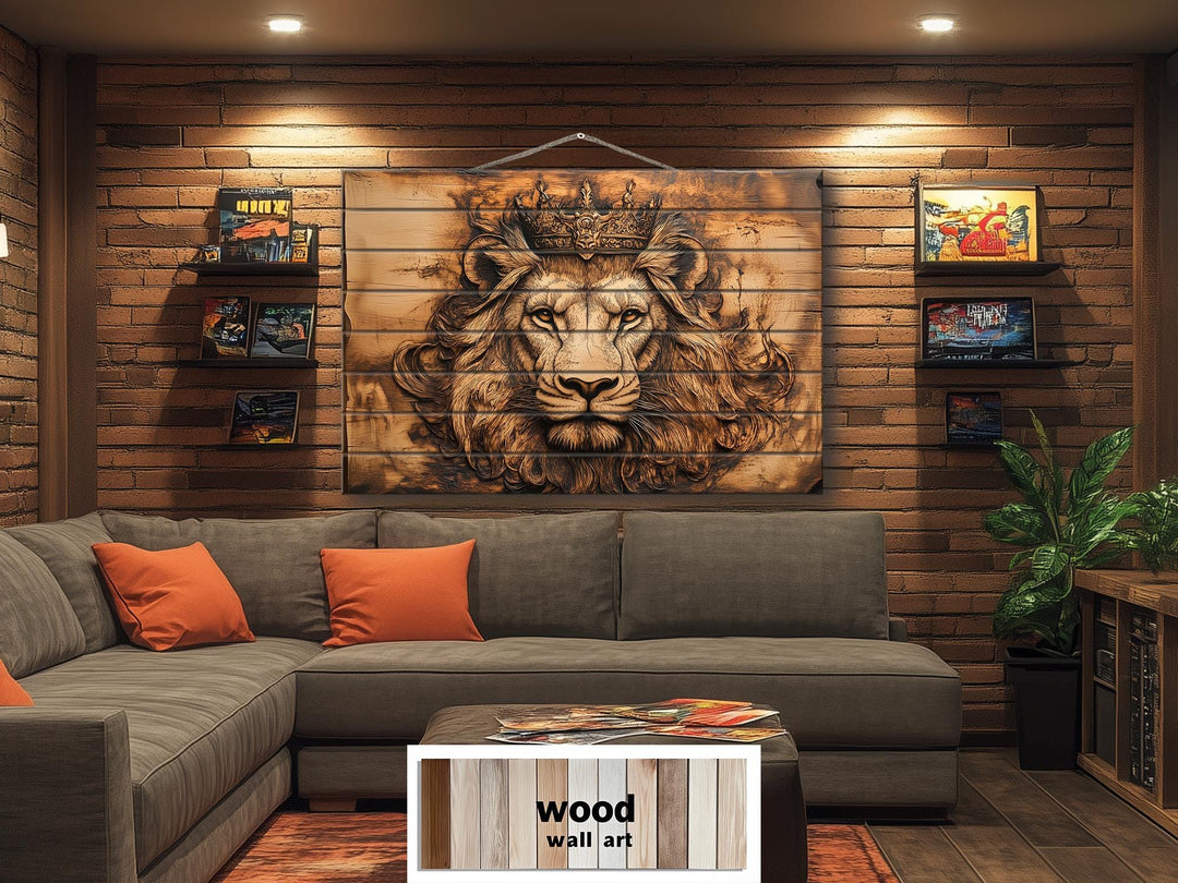 Lion King With Crown Real Wood Wall Art