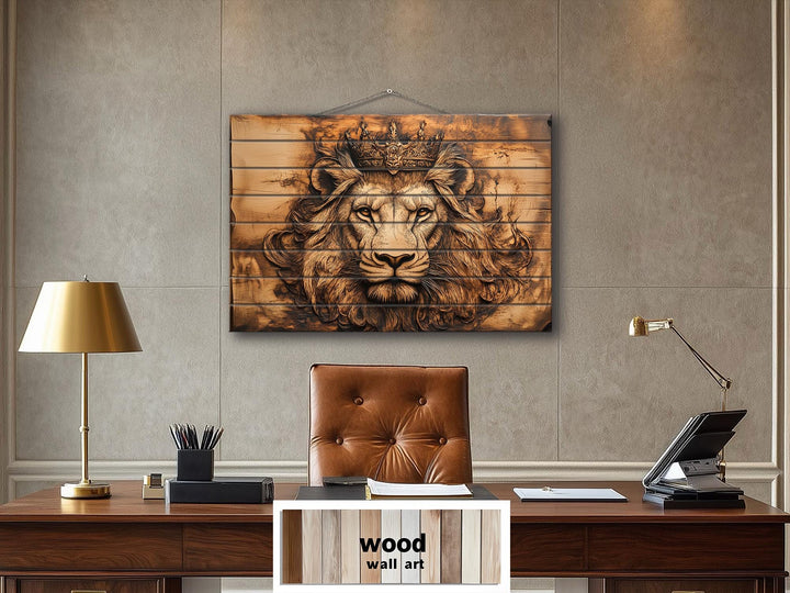 Lion King With Crown Real Wood Wall Art