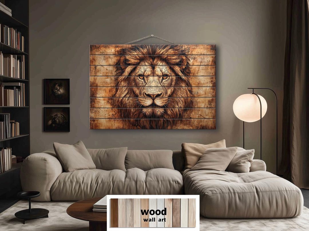 Lion Portrait Real Wood Wall Art – Rustic Sign For Man Cave Or Office