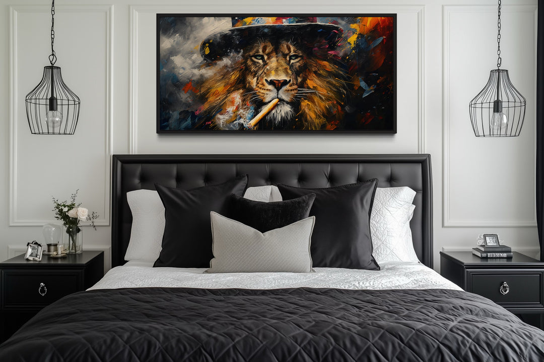 Lion Smoking Cigar Abstract Man Cave Framed Canvas Wall Art