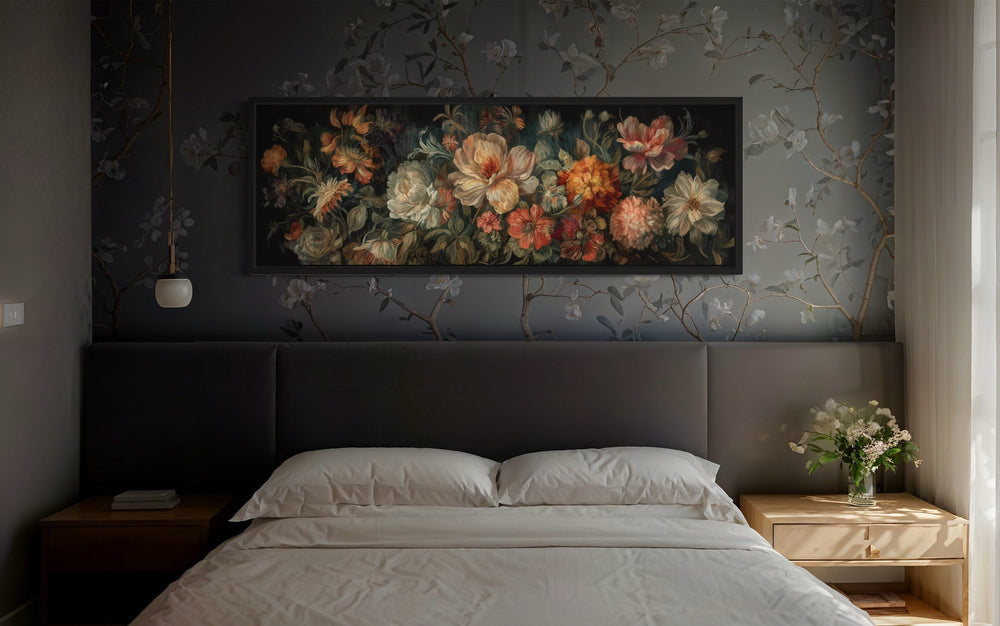 Long Horizontal Antique Style Moody Floral Tapestry Framed Canvas Wall Art,