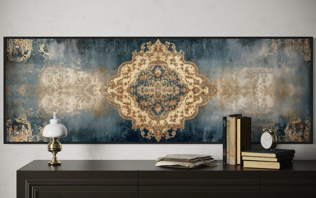 Long Horizontal Blue Beige Persian Rug Canvas Wall Art Print