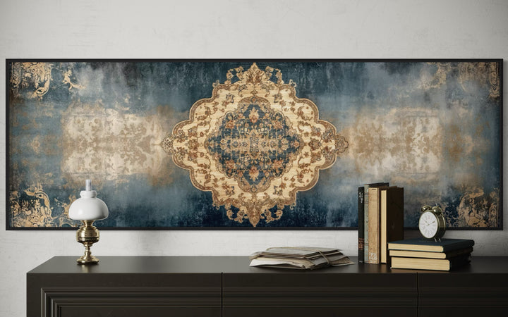 Long Horizontal Blue Beige Persian Rug Canvas Wall Art Print