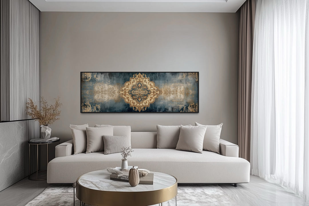 Long Horizontal Blue Beige Persian Rug Canvas Wall Art Print