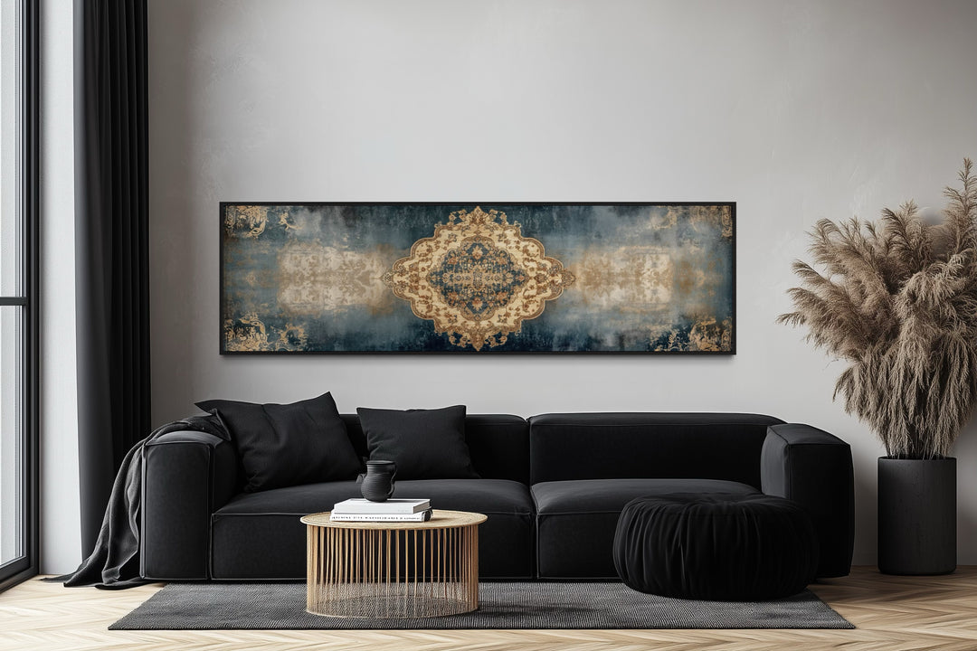 Long Horizontal Blue Beige Persian Rug Canvas Wall Art Print