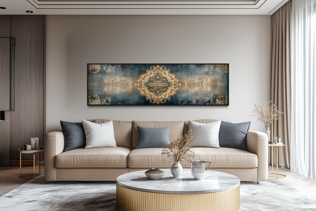 Long Horizontal Blue Beige Persian Rug Canvas Wall Art Print