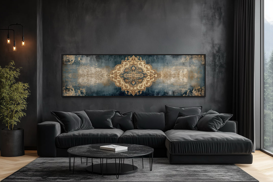 Long Horizontal Blue Beige Persian Rug Canvas Wall Art Print